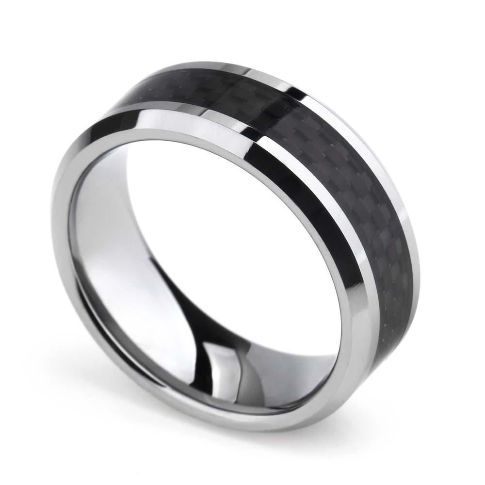 8mm Black Carbon Fiber Inlay Silver Tungsten Mens Ring - Promise Rings