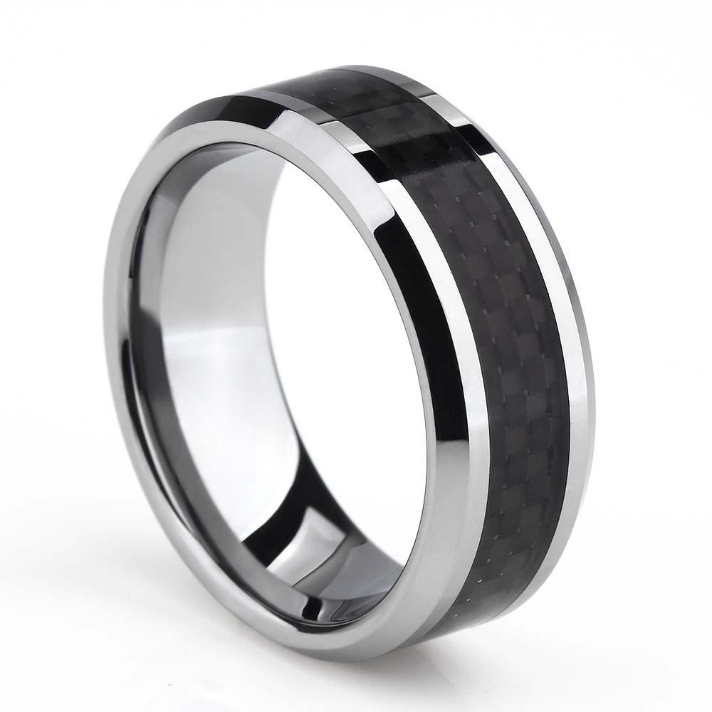 8mm Black Carbon Fiber Inlay Silver Tungsten Mens Ring - Promise Rings