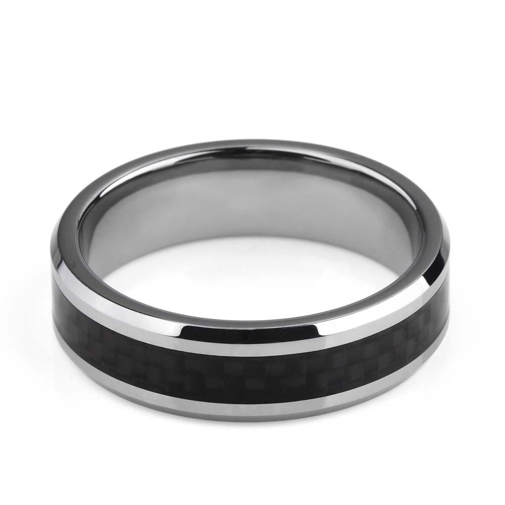 8mm Black Carbon Fiber Inlay Silver Tungsten Mens Ring - Promise Rings