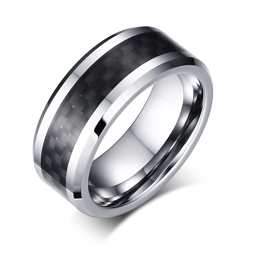 8mm Silver Tungsten Ring – Black Carbon Fiber Inlay with Beveled Edges (Men’s) - Promise Rings