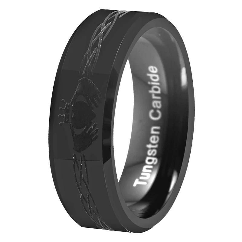 8mm Black Irish Claddagh Tungsten Mens Ring - Promise Rings