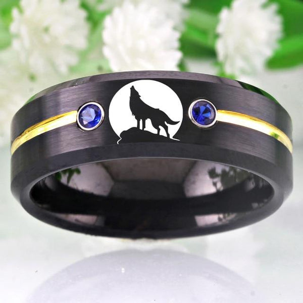 8mm Black Wolf Howling Blue Stones Tungsten Mens Ring