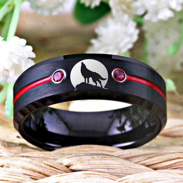 8mm Black Wolf Howling Red Stones Tungsten Mens Ring - Promise Rings