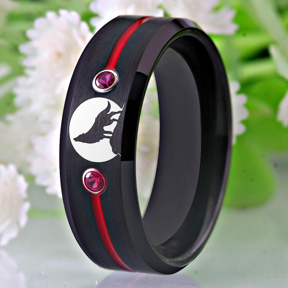 Howling Wolf Ring — 8mm Black Tungsten Band with Red Stones