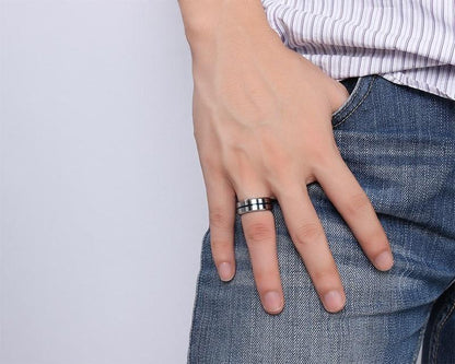 8mm Black, Yellow or Blue Centre Lines Tungsten Mens Ring - Promise Rings