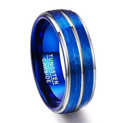 8mm Blue Brushed Hammered & Silver Inlay Tungsten Mens Ring - Promise Rings
