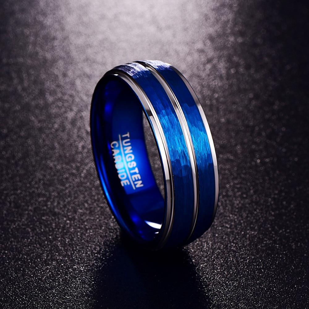 8mm Blue Brushed Hammered & Silver Inlay Tungsten Mens Ring - Promise Rings