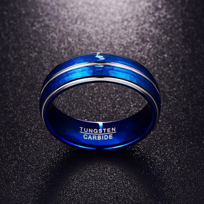 8mm Blue Brushed Hammered & Silver Inlay Tungsten Mens Ring - Promise Rings