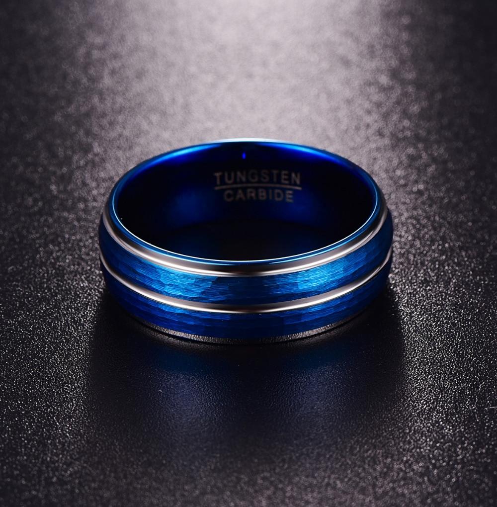 8mm Blue Brushed Hammered & Silver Inlay Tungsten Mens Ring - Promise Rings