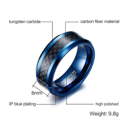 8mm Blue Carbon Fiber Tungsten Mens Ring - Promise Rings