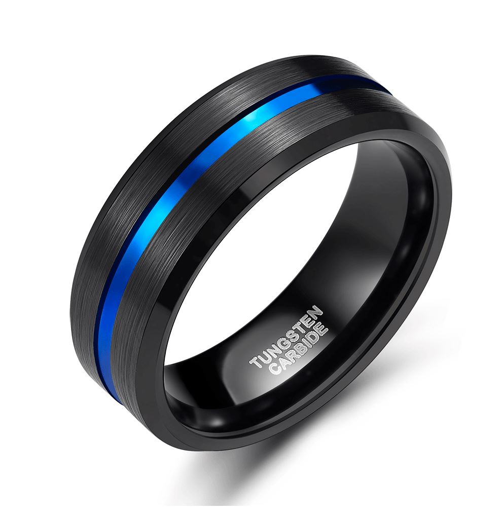 Men's Blue Groove Ring — 8mm Black Brushed Tungsten Band