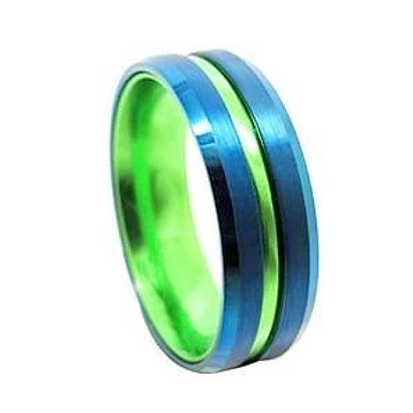 8mm Blue & Green Groove Tungsten Mens Ring - Promise Rings