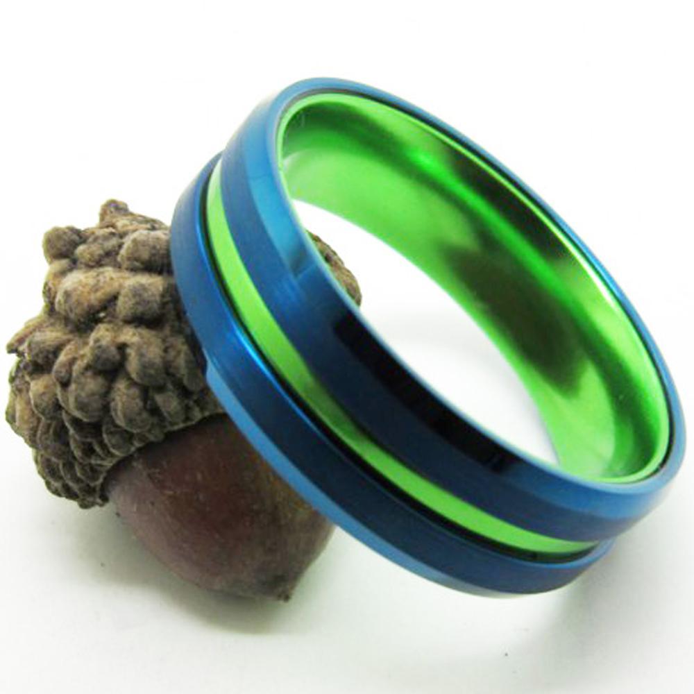 8mm Blue & Green Groove Tungsten Mens Ring - Promise Rings