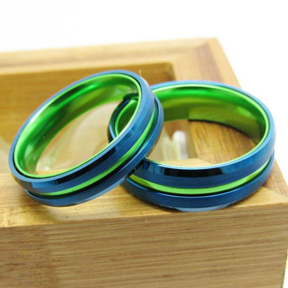 8mm Blue & Green Groove Tungsten Mens Ring - Promise Rings