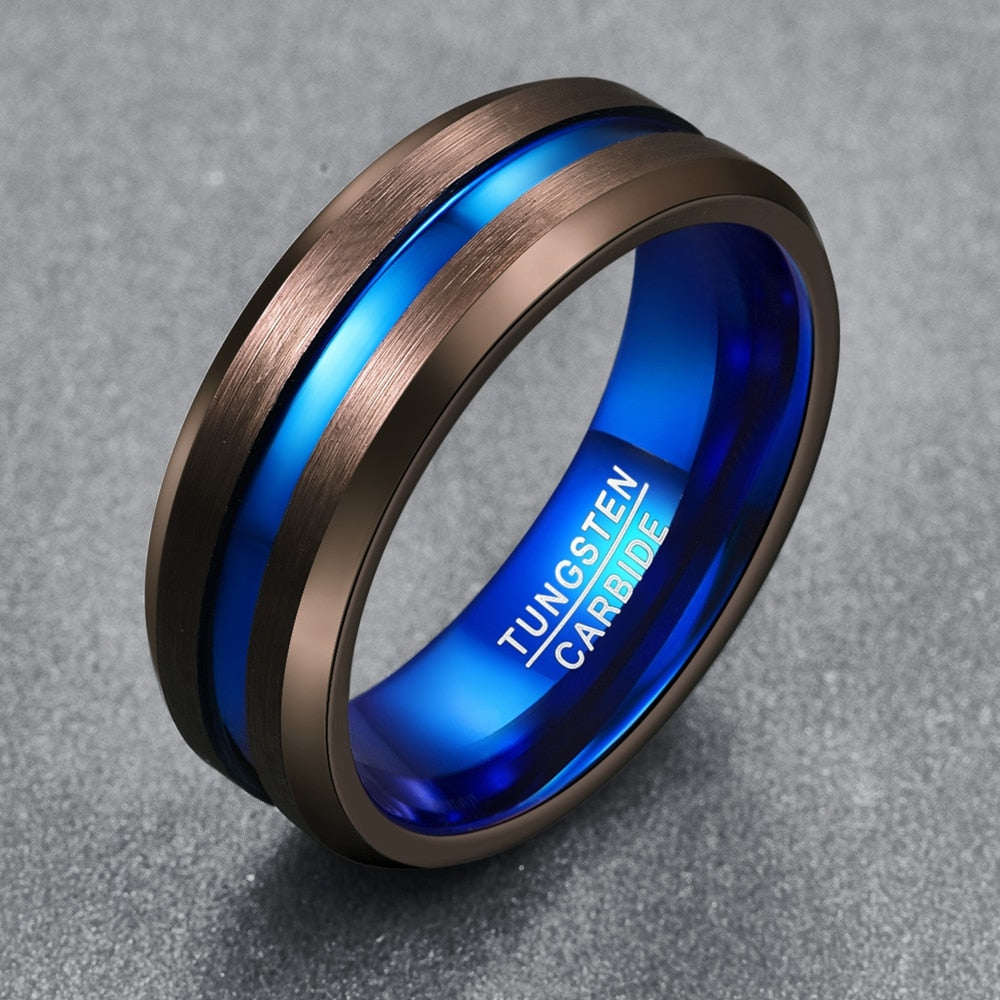 8mm Men's Tungsten Wedding Band - Silver Brushed Matte With Grooved Center, Blue Finish, Size 5
