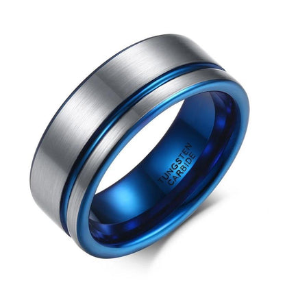 8mm Blue Line Brushed Surface Tungsten Mens Ring - Promise Rings