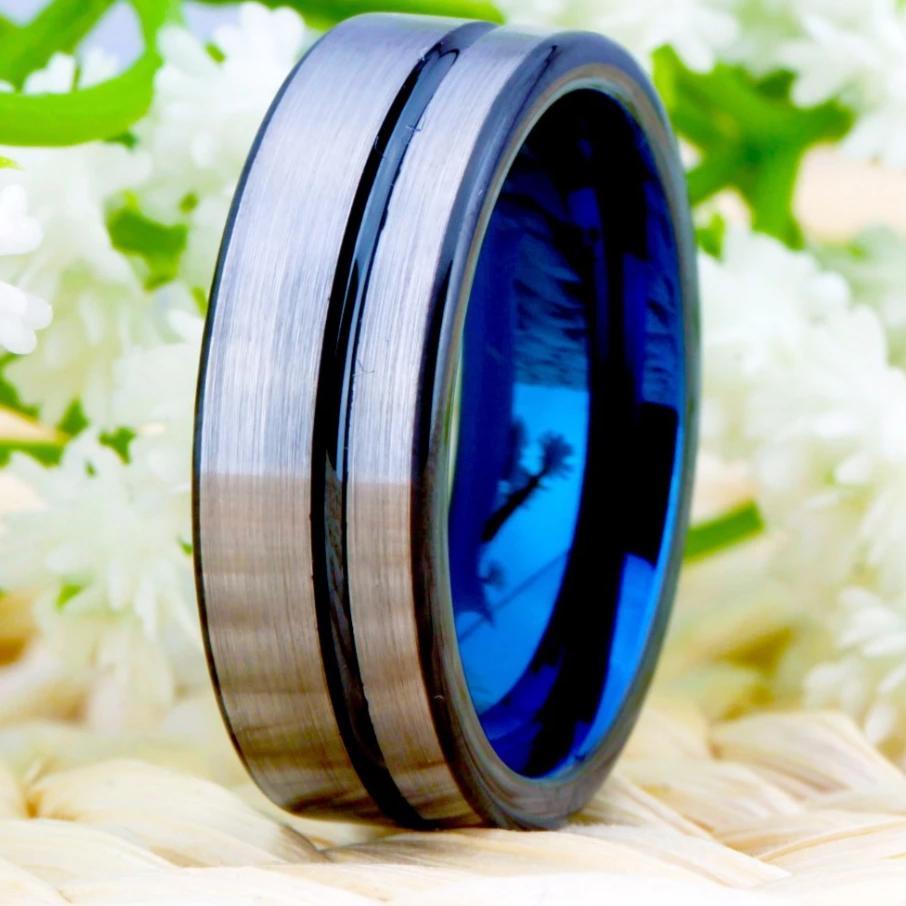 8mm Blue, Silver & Black Groove Tungsten Mens Ring - Promise Rings