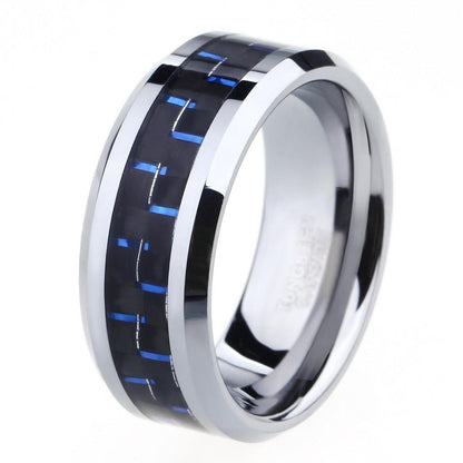 8mm Blue & Silver Carbon Fiber Tungsten Ring - Promise Rings