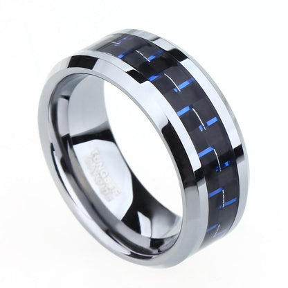8mm Blue & Silver Carbon Fiber Tungsten Ring - Promise Rings