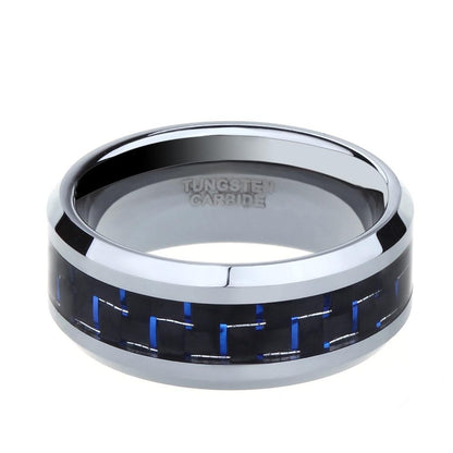 8mm Blue & Silver Carbon Fiber Tungsten Ring - Promise Rings