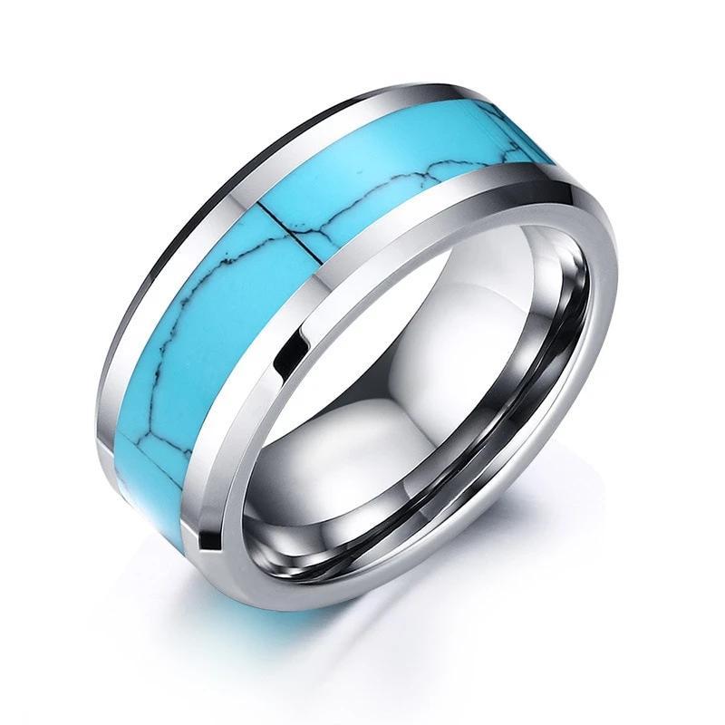 8mm Blue Turquoise & Silver Tungsten Unisex Ring - Promise Rings