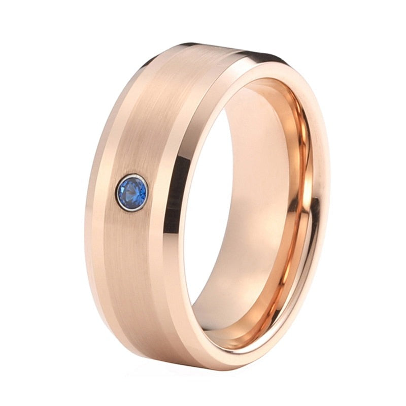 8mm Bluish Cubic Zirconia & Brushed Rose Gold Inlay Tungsten Men's Ring - Promise Rings