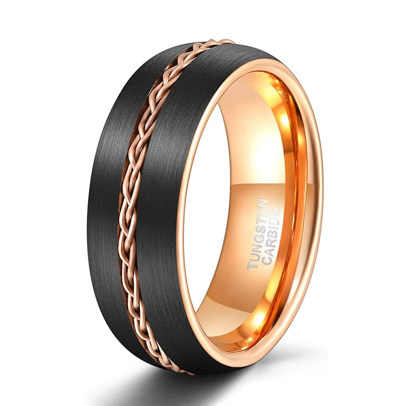 8mm Braided lnlay Black & Gold Tungsten Mens Ring - Promise Rings