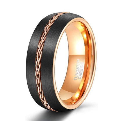 8mm Braided lnlay Black & Gold Tungsten Mens Ring - Promise Rings
