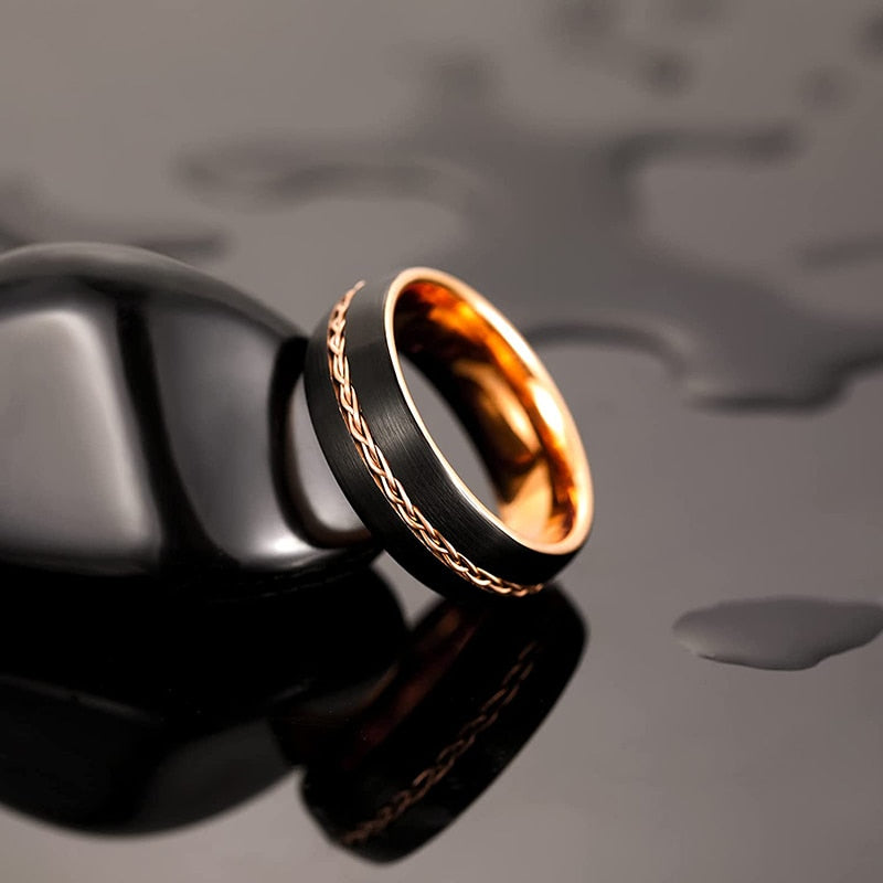8mm Braided lnlay Black & Gold Tungsten Mens Ring - Promise Rings