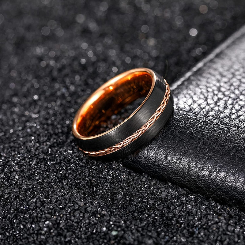 8mm Braided lnlay Black & Gold Tungsten Mens Ring - Promise Rings