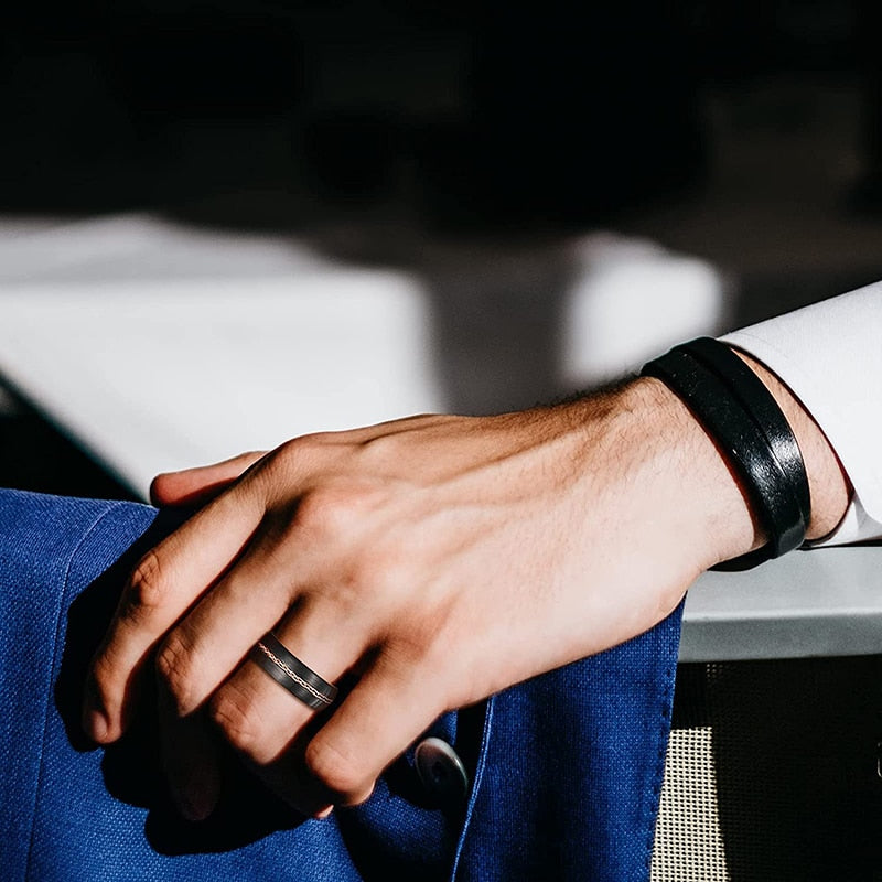 8mm Braided lnlay Black & Gold Tungsten Mens Ring - Promise Rings