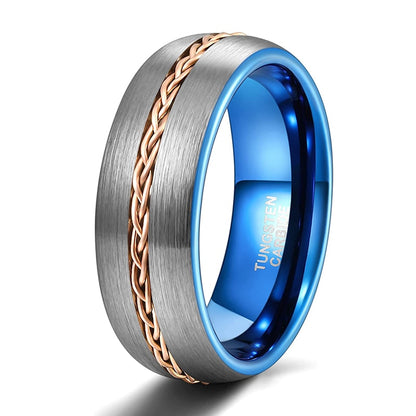 8mm Braided lnlay Blue & Silver Tungsten Mens Ring - Promise Rings