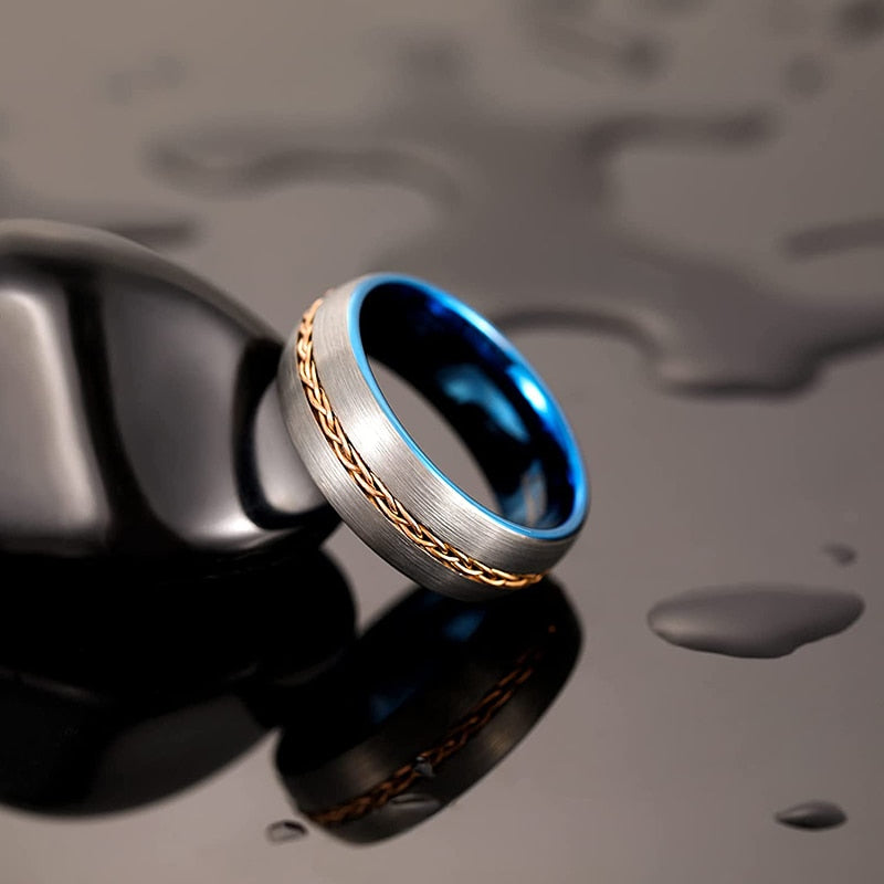 8mm Braided lnlay Blue & Silver Tungsten Mens Ring - Promise Rings