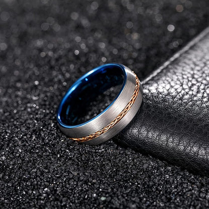 8mm Braided lnlay Blue & Silver Tungsten Mens Ring - Promise Rings