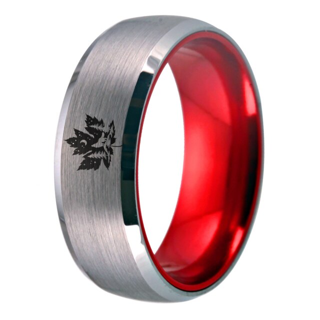 8mm Canadian Maple Leaf &amp; Howling Wolf Tungsten Ring - Promise Rings