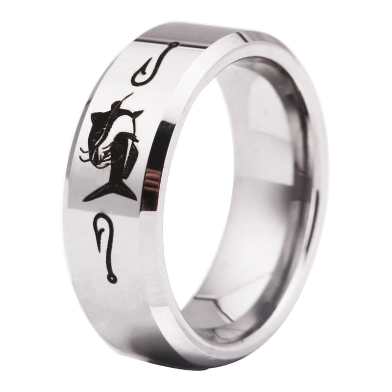 8mm Catfish Fishing Ring – Polished Silver Tungsten Band (Men’s) - Promise Rings