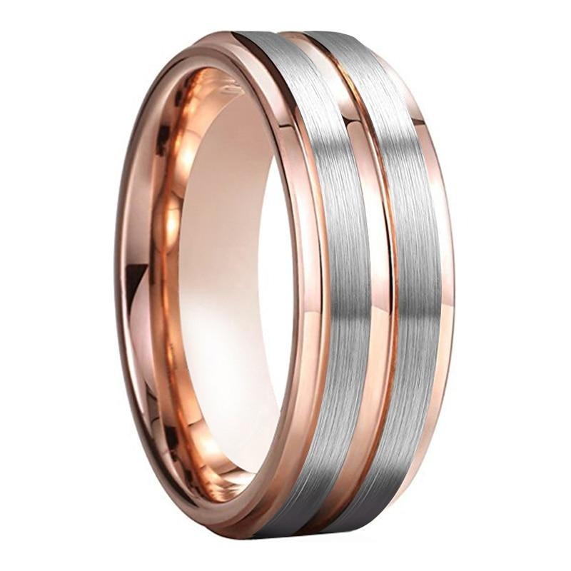 8mm Center Groove Rose Gold & Silver Tungsten Men's Ring - Promise Rings