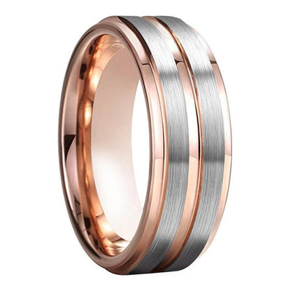 8mm Center Groove Rose Gold & Silver Tungsten Men's Ring - Promise Rings