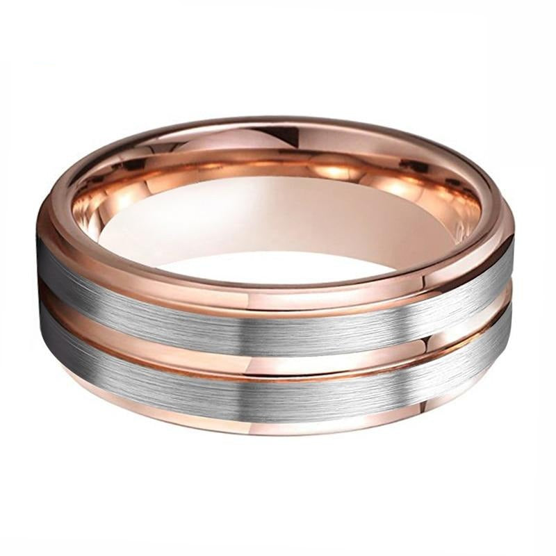 8mm Center Groove Rose Gold & Silver Tungsten Men's Ring - Promise Rings