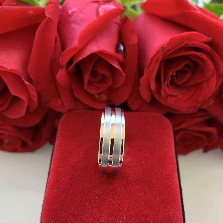 8mm Center Groove Rose Gold & Silver Tungsten Men's Ring - Promise Rings