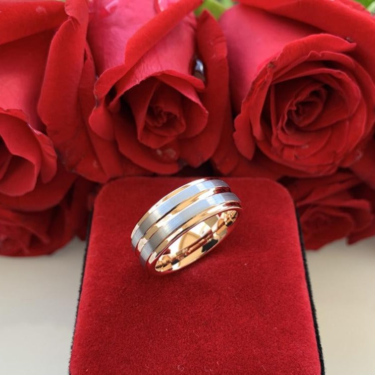 8mm Center Groove Rose Gold & Silver Tungsten Men's Ring - Promise Rings