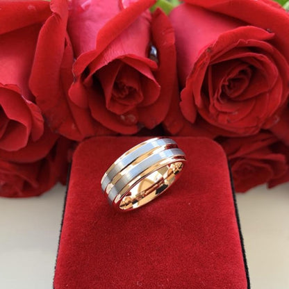 8mm Center Groove Rose Gold & Silver Tungsten Men's Ring - Promise Rings