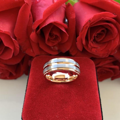 8mm Center Groove Rose Gold & Silver Tungsten Men's Ring - Promise Rings