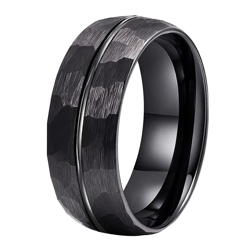 8mm Center Groove Hammered Tungsten Ring – Black, Matte Finish (Men's) - Promise Rings