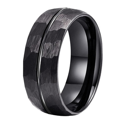 8mm Center Groove Hammered Tungsten Ring – Black, Matte Finish (Men's) - Promise Rings