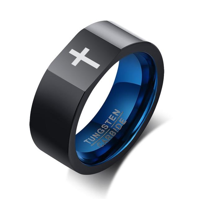 8mm Christian Religious Cross Square Top Black & Blue Tungsten Men's Ring - Promise Rings
