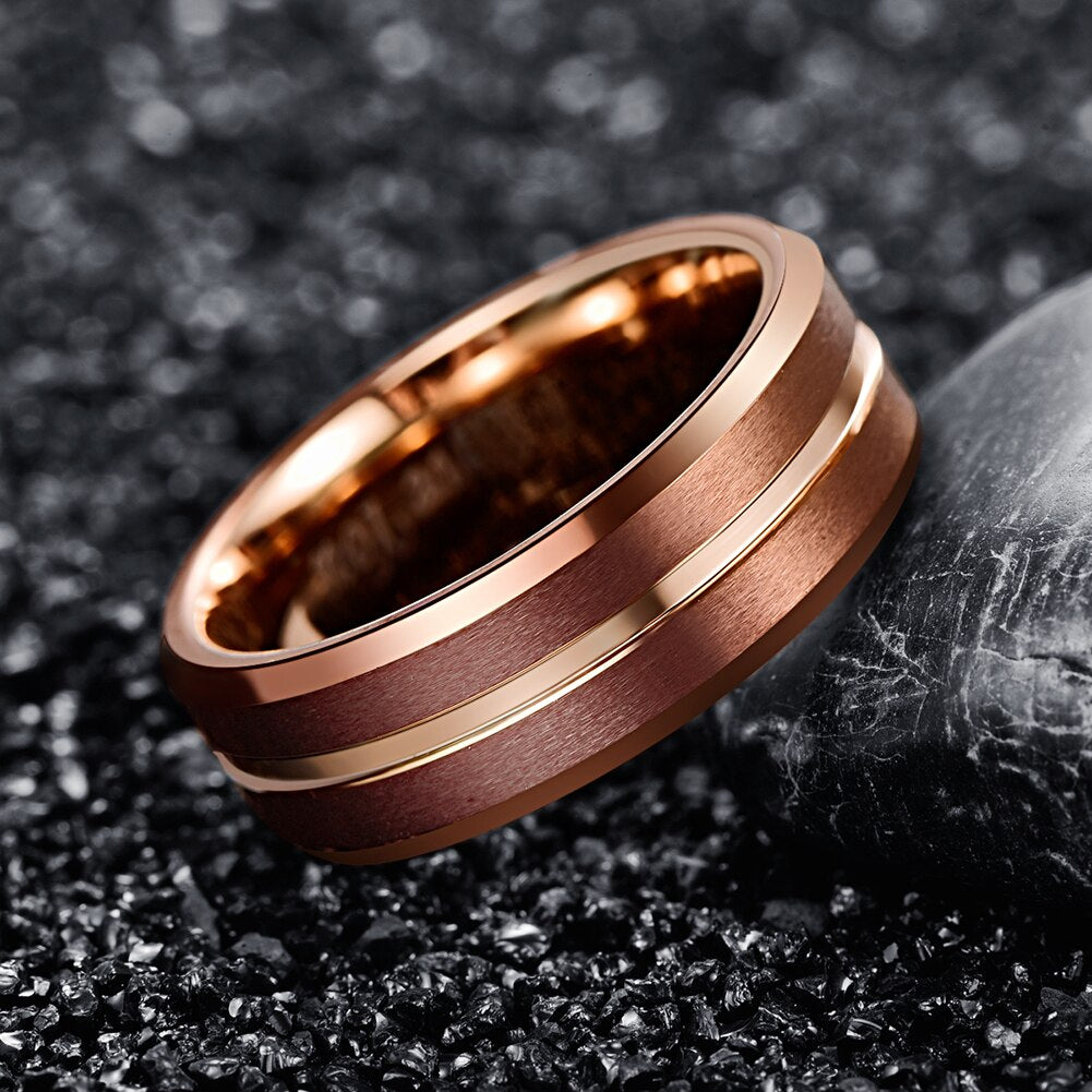 8mm Coffee & Rose Gold Tungsten Mens Ring - Promise Rings