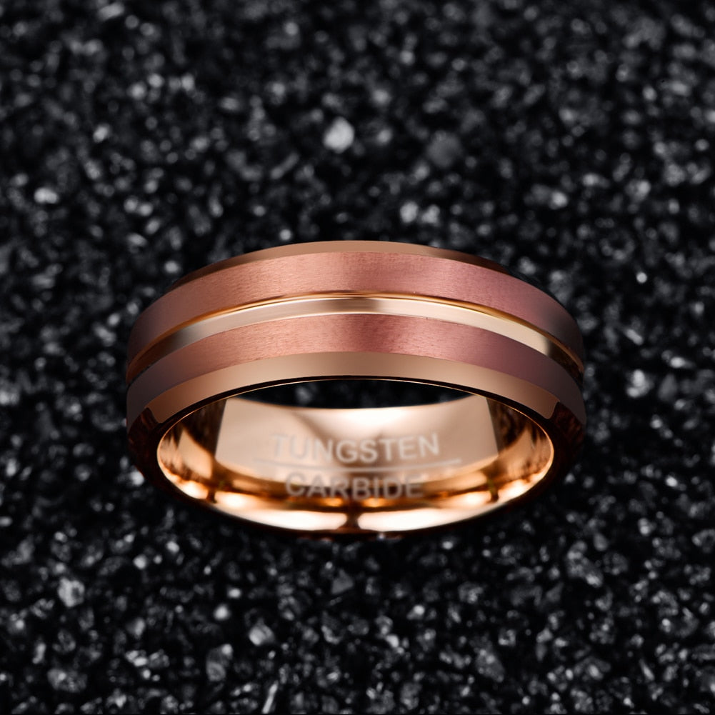 8mm Coffee & Rose Gold Tungsten Mens Ring - Promise Rings