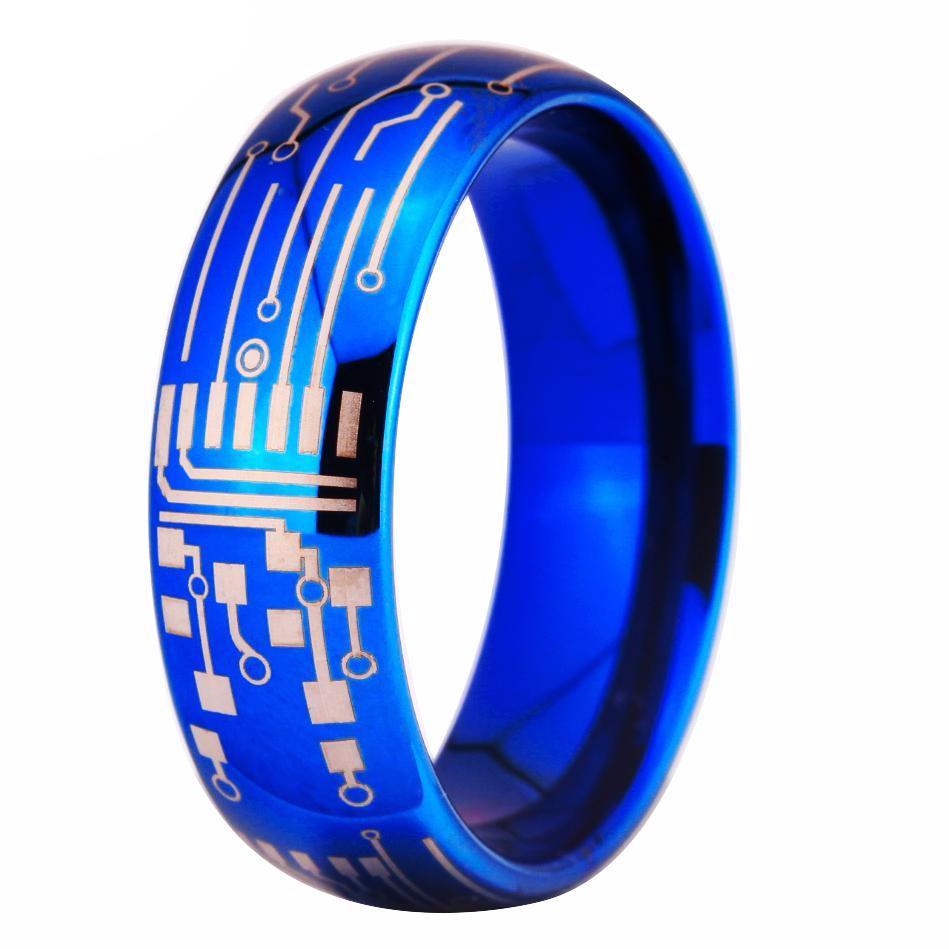 8mm Computer Circuit Board Blue Gamer Mens Ring - Promise Rings