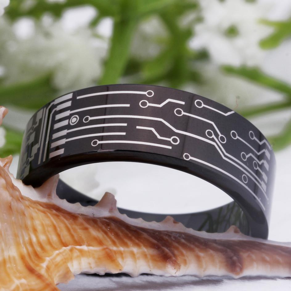 Computer Rings For Men 8mm Computer Circuit Board Design Black Gamer Mens Ring